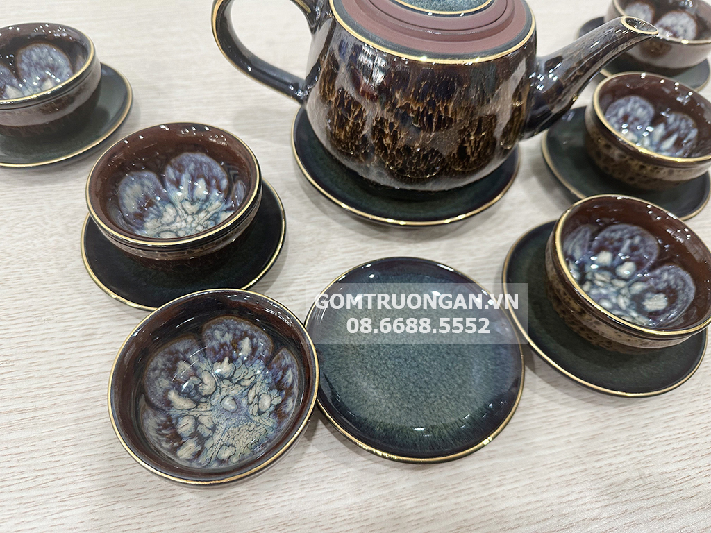 Bộ ấm trà tử sa hỏa biến Bát Tràng cao cấp mã não vẽ vàng 4